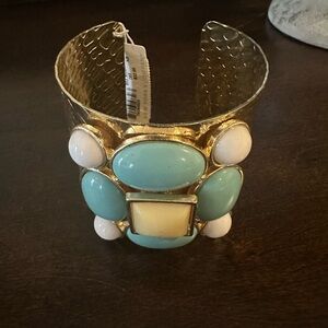 New York & Co Gold Cuff Bracelet with Turquoise and White Stones